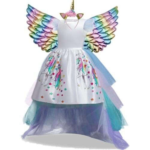 Unicorn Dress For Girls Kids Rainbow Long Tail Tutu Ball Gown With Headband Wings Children Halloween Cosplay Princess Costume