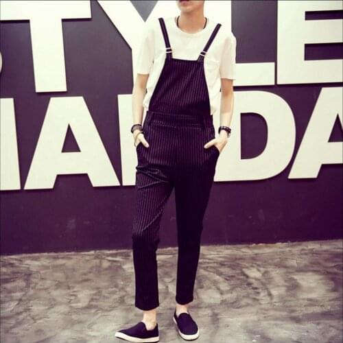 Hot Summer Mens Clothing New Black Striped Bib Pants Pantyhose Fashion Overalls Slacks Bib Pants Jumpsuit Singer Costumes