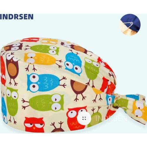 Unisex Surgical Cap Buttons Owls Printed Pet Clinic Beauty Salon Nurse Hats Women Men Tie Back Sweatband Nurse Doctors Scrub Hat
