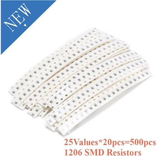 500pcs(25Values*20pcs) 1206 SMD Resistors Kit Resistance Assorte Sample Bag 5% Diy Kit Electronic Component OR ohm 15K 220K 620R