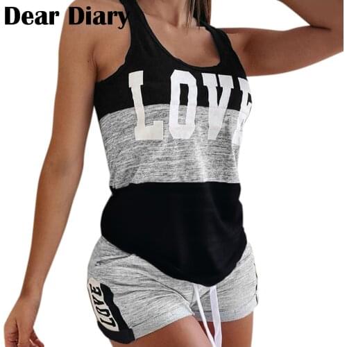 Summer Casual Loose Two Pice Set Homewear Women Harajuku Patchwork Letter Print Sleeveless Top And Short Suit Streetwear Set