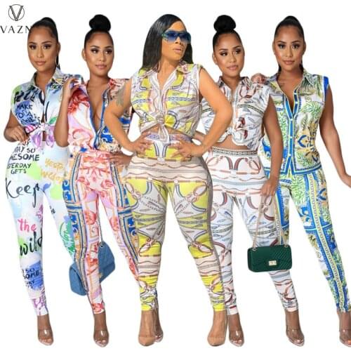 VAZN 2021 Summer Floral Print Clubwear Shinny V-Neck Sleeveless Sport Clothing Suits 2 Piece Set Women Top And Pant