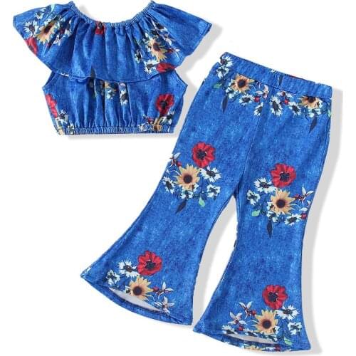 Fashion Girls Sets Toddler Tops And Bell Bottom Pant Vintage Cute Style Childrens Summer Outfit Kids Clothes