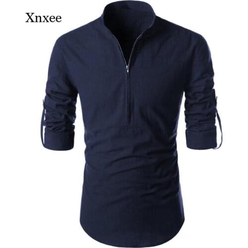 2021 Men Slim Long Sleeve Shirts Pullover Zipper Stand Collar t Shirt Fashion Fit Thin Casual Solid Tee Casual Summer Clothing