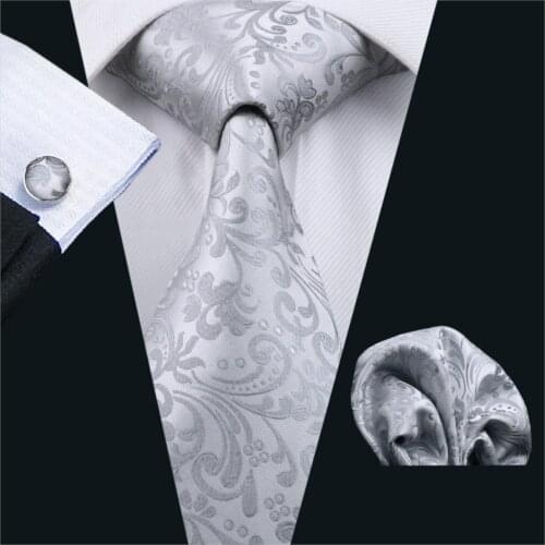 Men`s Tie Gray Classic Floral Silk Jacquard Woven Gravata Necktie Handkerchief Cufflinks Set For Business Wedding Party FA-1169