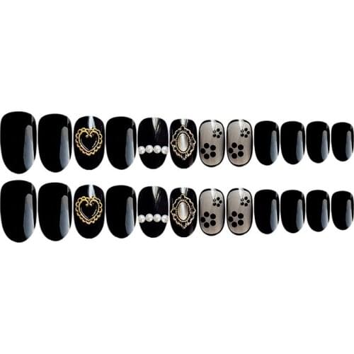 Fake Nails Japan and South Korea Retro Black Gauze Gem Nails Shiny Nails Nail Patches Wearable Nails 24pcs With Glue