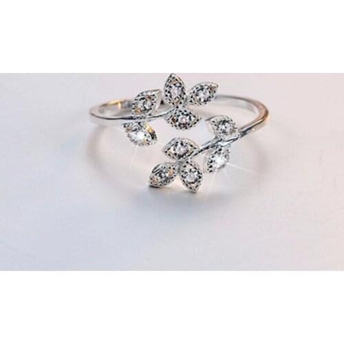 New Fashion Temperament Flash Crystal Leaf 925 Sterling Silver Jewelry Sweet Branch Popular Gift Opening Rings SR409