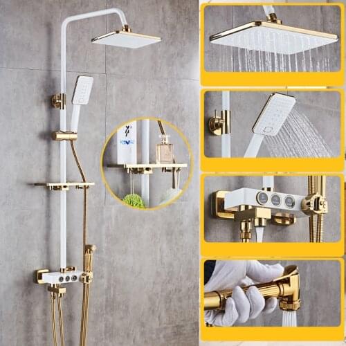 Black/White Wall Mounted Single Handle Thermostatic Shower Mixer Thermostatic Faucet Bath Shower Set + Bidet + Shelf