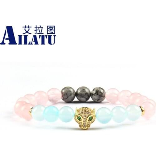Ailatu Jewelry Wholesale 8mm Natural Pink Crystal Stone Beads with Green Cz Eye Leopard Beaded Bracelet for Womens Gift