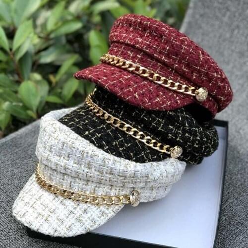01908-duxiao4834 autumn plaid Metal Chain octagonal hat men women leisure beret cap wholesale