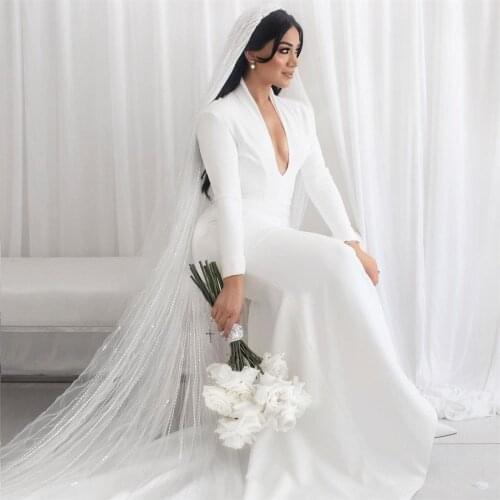 Arabic White Mermaid Wedding Dress Plus Size V Neck Long Sleeves Bridal Gowns Open Back Sexy robes de mariée
