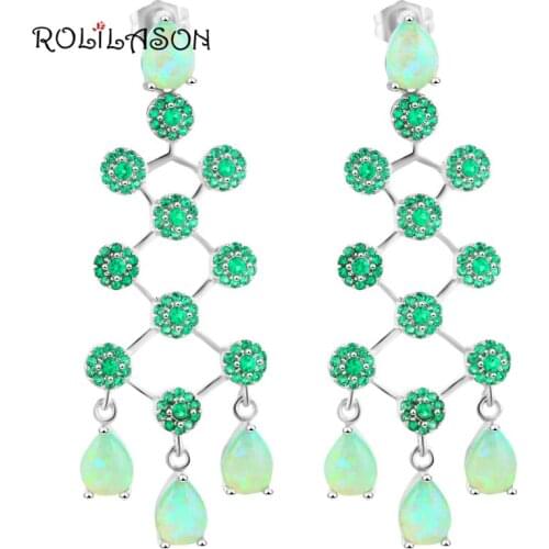 ROLILASON Luxury Design Green Zircon Dangle Earrings for Women Green Fire Opal silver plated Wedding Fashion Jewelry OES615
