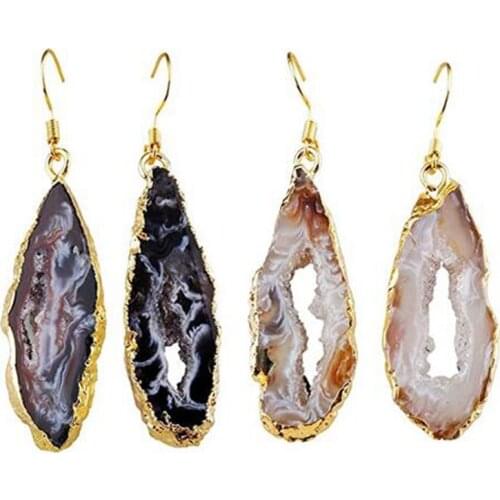 KFT Wholesale Natural Druzy Irregular Stone Earring Agates slices Geode Quartz Stone Dangle Hook Earrings For Women Jewelry