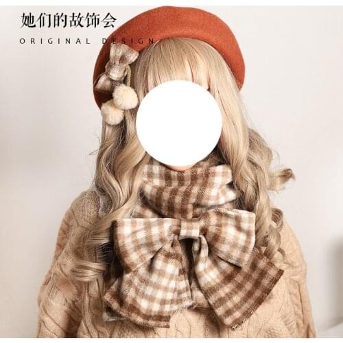 Japanese Elegant Women Khaki Plaid Scarf Winter Mori girl Detachable Big Bowknot Warm Neckerchief Lolita Fashion Muffler