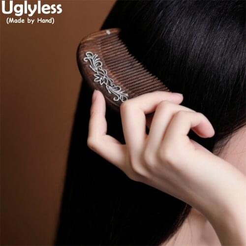 Uglyless New Design Hair Jewelry for Women Natural Sandalwood Combs Handmade Blooming Lotus Hair Combs Wooden Thai Silver Bijoux