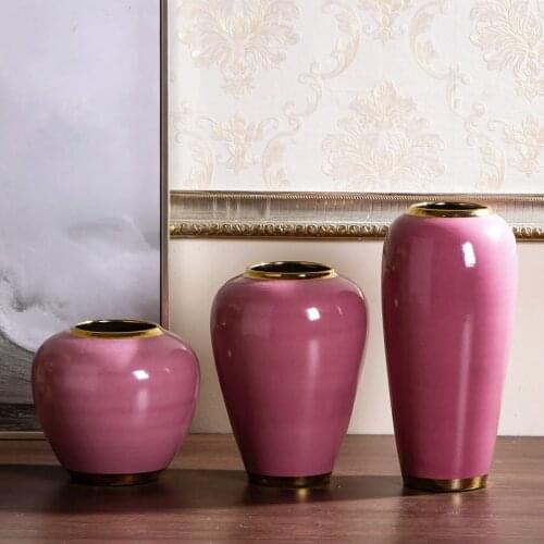 Home Ornaments Wedding Hotel Decoration Ceramic Gold Line Pink Vase On Glaze Vintage Dried Flower Vase