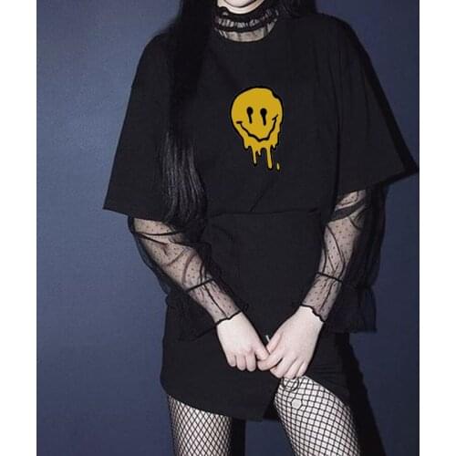 Ins Tshirt for women Japanese summer T-shirt O-Neck chic smiley face pattern punk casual top simple preppy aesthetic clothes tee