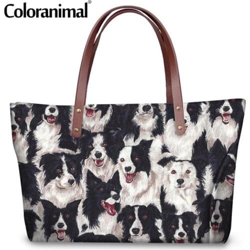 Coloranimal Womens Handbag Fashion Brand Design 3D Cute Dog Border Collie Print High Quality Womens Large Shopper Bag Tote Bag