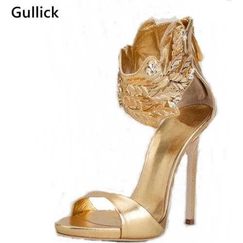 2018 New Design Stunning Beaded Crystal Golden High Heel Sandals Gold leaf Back Zip Woman Dress Sandals One Front Strappy