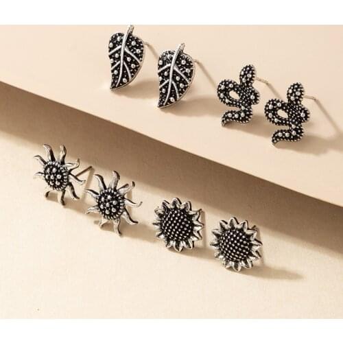 Tocona 4pair/sets Punk Snake Stud Earrings for Women Pretty Sunflowers Leaf Silver Color Retro Jewelry Accessories 17575