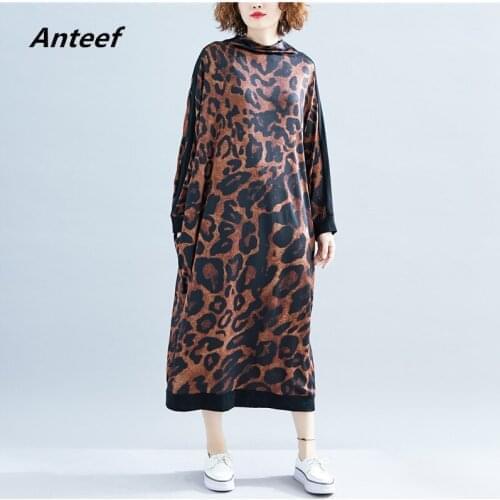 Anteef long sleeve leopard cotton vintage dresses for women casual loose long spring autumn dress elegant clothing 2021