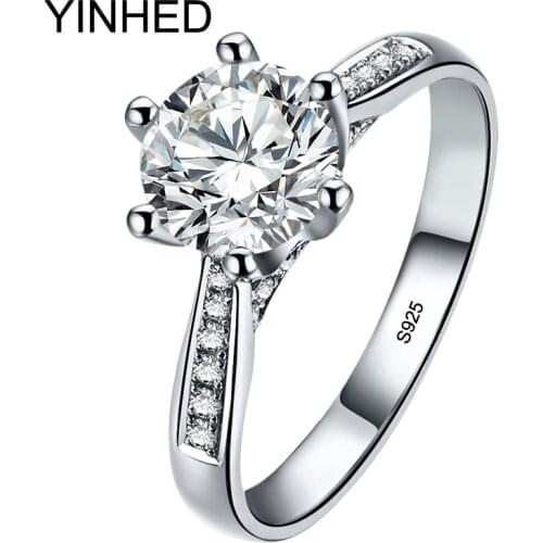 YINHED Classic Wedding Rings for Women 100% Solid 925 Sterling Silver Jewelry Finger Ring 1ct Zircon CZ Solitaire Ring ZR332