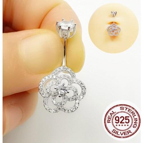 New Fashion Sexy Piercing Navel Nail Body Jewelry 925 sterling silver Flower CZ Belly Button Rings for Women Girls