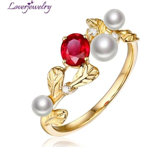 LOVERJEWELRY Ruby Emerald Pearl Rings Gold Au585 14Kt Yellow Jewelry Natural Emerald Ruby Pearls Ring For Women Anniversary Gift