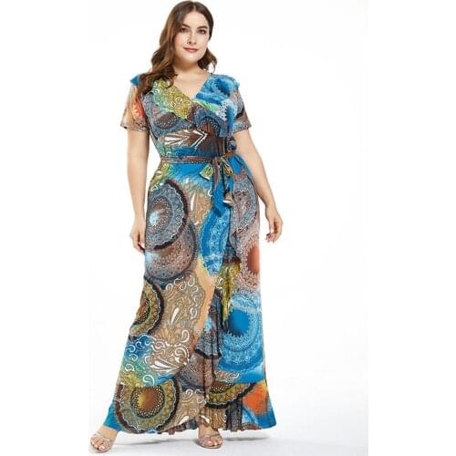 Women Summer Dress Plus Size 4XL 5XL 6XL Female Ruffles V Neck Short Sleeve Retro Printing Vintage Dress Maxi Long Dresses