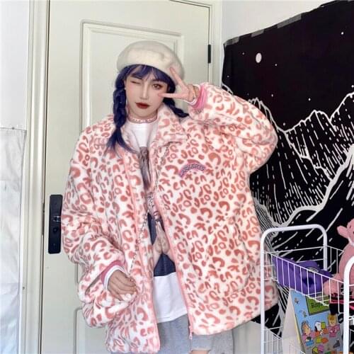 Winter Warm Korean Women Coat Lovely Leopard Printed Loose Long Sleeve Pink Jacket Cute Pattern Soft Girls Zipper Thick Coat