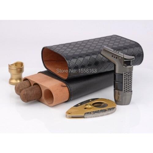 100% Original Black Woven Pattern Weekend Travel Cigar Holder Cohiba Cedar Wood 3Plus Fingers Tube Fit for 63rings cigar