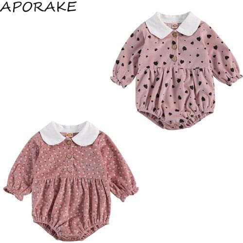 2020 0-24M Cute Infant Baby Girl Corduroy Romper Heart/Floral Print Button Peter pan Collar Flare Long Sleeve Fall Playsuit