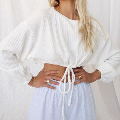 2021 Women Fashion Long Sleeve Drawstring Crop Top Stylish Round Neck Solid Color Tops for Daily Wear Night Club Birthday Party