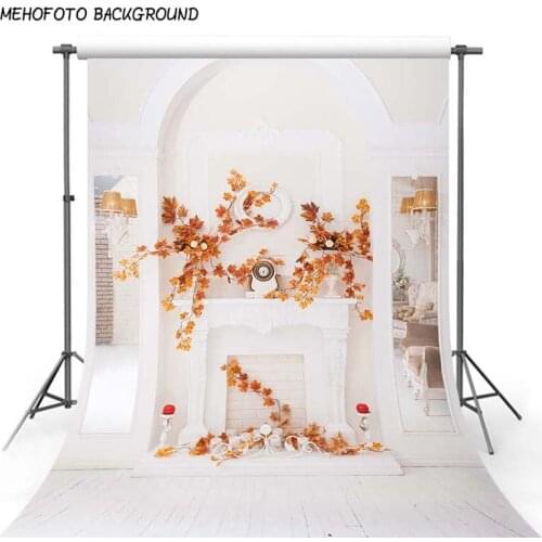 White Wall Photography Backdrop Fireplace Golden Leaves Indoor Backgrounds for Wedding Photography Custom Photographic Photos