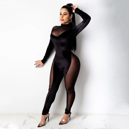 BKLD Velvet Jumpsuits 2020 New Women Clothing Fall Fashion Sexy Mesh Patchwork Jumpsuit Party Clubwear 1 Piece Outfit Women