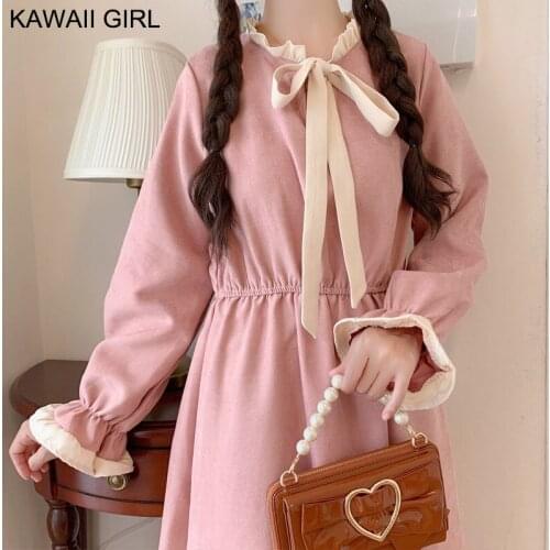 One Piece Pink Dress Women Autumn High Waist Casual Long Sleeve Lady Dresses Vestidos Sweet Cute Soft Girl Bowknot Midi Dress