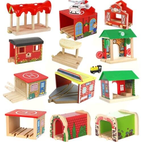 Wooden Railway Track Cave Tunnel Parking Station Accessories Fit for Thomas Biro Wood Track Educational Toys for Children Gifts