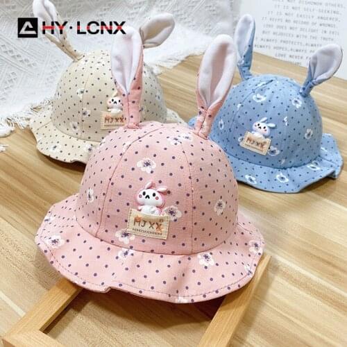 Child spring cute rabbit ear fisherman hat girl sun protection hat breathable fashion printing cotton boy bucket hat