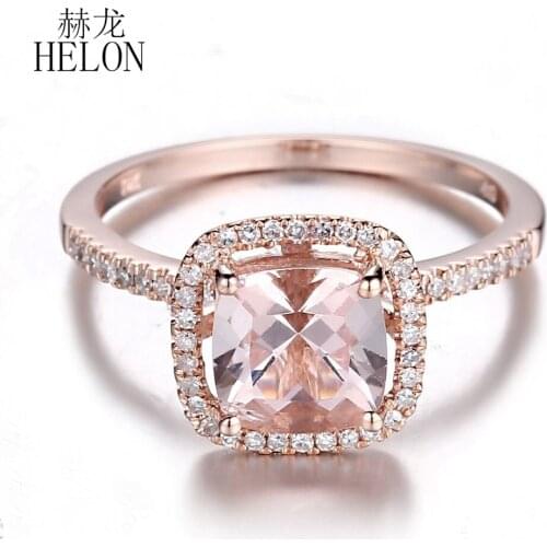 HELON Solid 10K Rose Gold Flawless Cushion 7mm Genuine Morganite Diamonds Engagement Wedding Ring Women Fine Jewelry Halo Ring