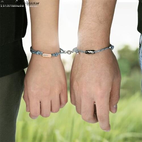 Personalized Master Customized Bracelet Stainless Steel ID Tag Magnet Attracting Ball Adjustable Rope Couple Boy Girl Bracelets