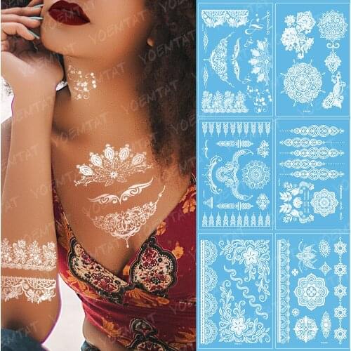 Indian Arabic White Lace Tattoo Sticker Necklace Flower Temporary waterproof Tatoo Sticker Body Art Paint For Wedding Bride