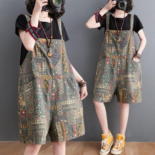 Vintage Geometric Printed Denim Jumpsuits Casual Half-Length Jeans Strap Casual Women Retro Summer Overalls Rompers Pockets 2021