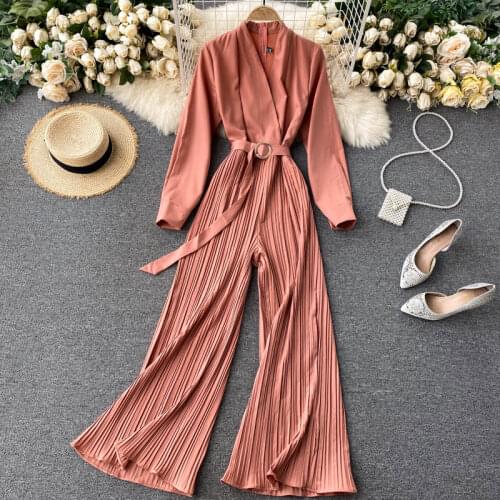 Autumn Winter Womens Pleated Romper Elegant Solid Beige/Red V-Neck Draped Jumpsuit Female High Waist Playsuit 2020 New Fashion