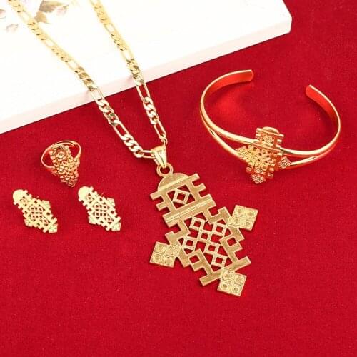 Newest Ethiopian Jewelry Big Cross 8.7cm Pendant Jewelry Set Gold Coptic Crosses African Cross