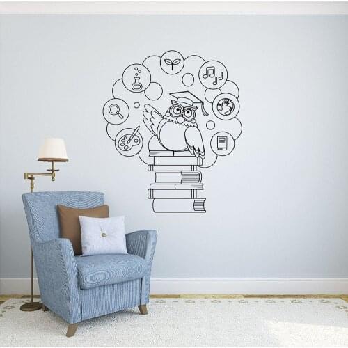 Owl with Books Wall Decal Science Education School Classroom Nursery Study Room Interior Decor Door Window Vinyl Stickers Q799