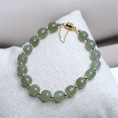 Natural Green Hetian Jade Beaded Bracelet Womens Retro Chinese Style Ethnic Style 14K Gold Filled Magnetic Buckle Bracelet