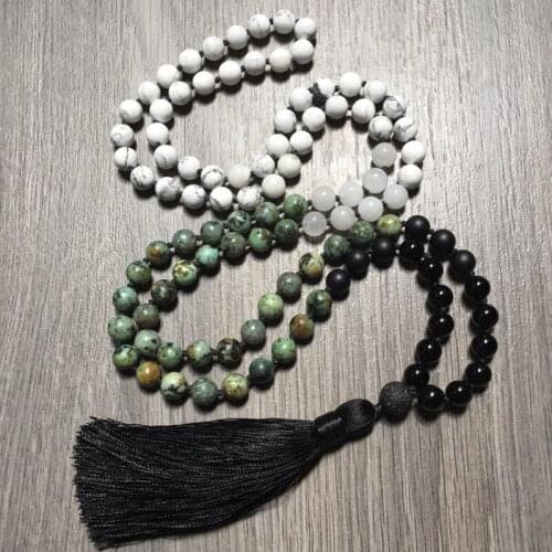 108 Mala Necklaces African T-urquoise White Howlite Mala Necklace 108 Beads Knotted Boho Necklace Tassel Mala Collar For Unisex