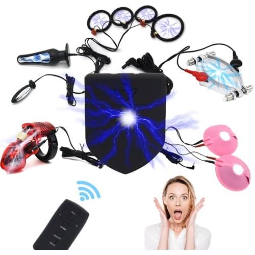Electric Shock Anal Vaginal Plug Wireless Remote Control Penis Ring Breast Stimulation Labia Clip SM Sex Toys for Men and Women