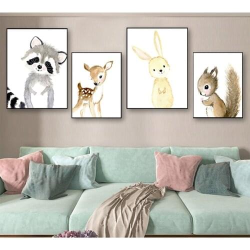 Prints Neutral Squirrel Pictures for Living Room Nursery Woodland Wall Art Rabbit Deer Canvas Painting Baby Animal s and