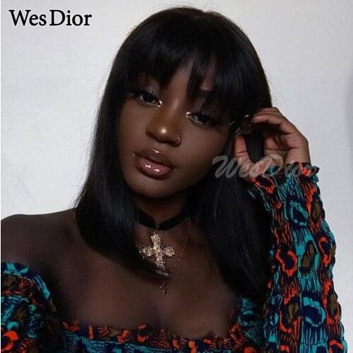 Straight Short Bob Wigs With Bangs Brazilian Glueless Human Hair Wigs For Women Full Machine Made Wig Natural Hairline Remy Hair